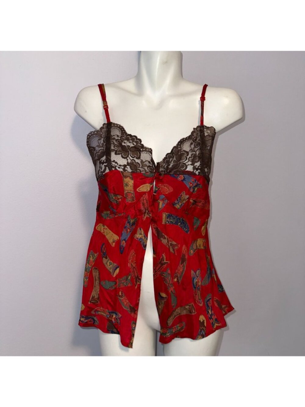 Vintage 90s Western Camisole M Cowboy Boot Graphic Coquette Grunge Red Lace Cami - Picture 3 of 6